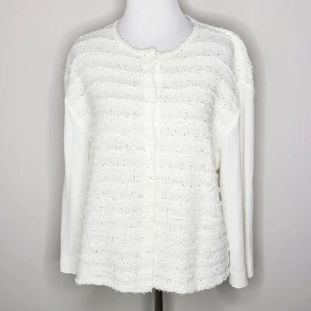 Amina Rubinacci White Button Down Knit Sequin Sweater With Crepe Sleeves…